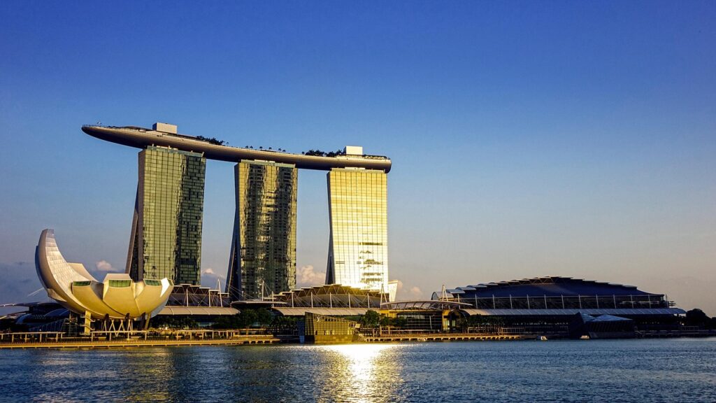 singapore, marina bay sands, artscience museum, landmark, singapore river, blue sky, hotel, tourism, travel, sunset, golden, refection, blue river, nature, blue hotel