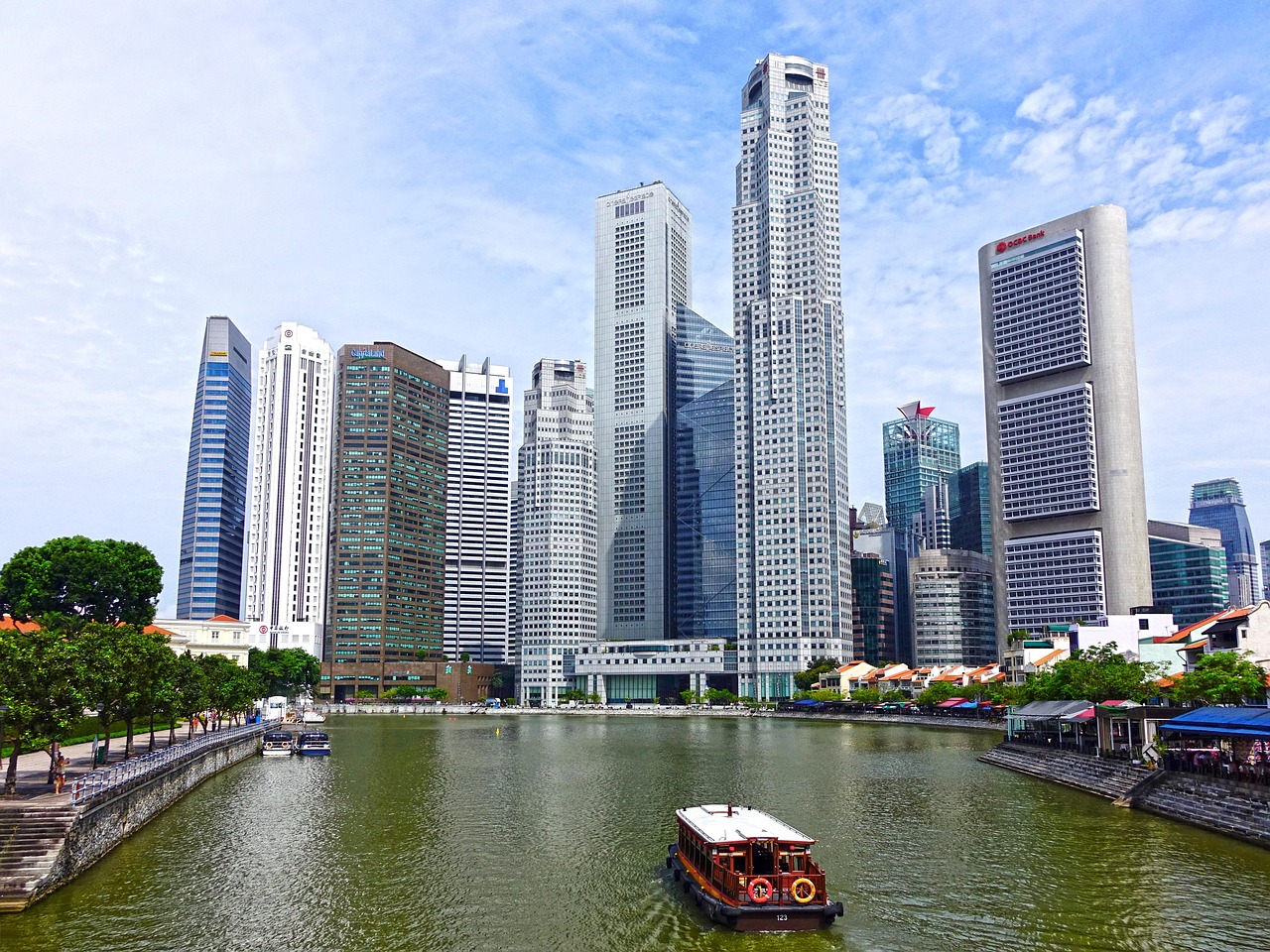 singapore, singapore river, skyline, building, water, financial district, skyscraper, architecture, urban, offices, business, bank, city, reflection, nature, tower, bumboat, blue sky