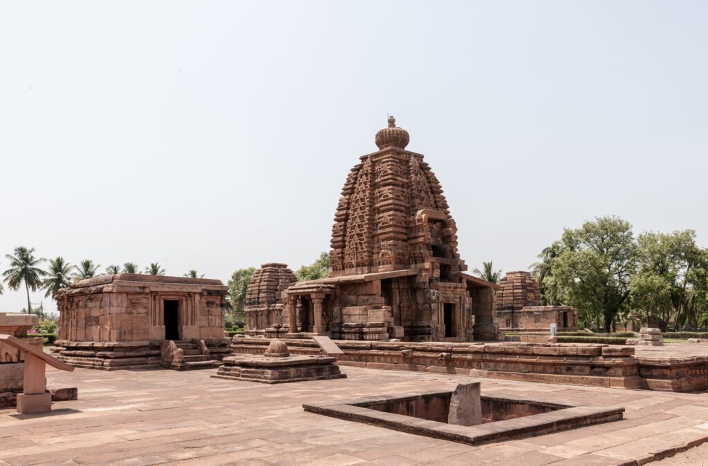Historic temple architecture in Pattadakal, Karnataka, showcasing ancient Indian stone craftsmanship.